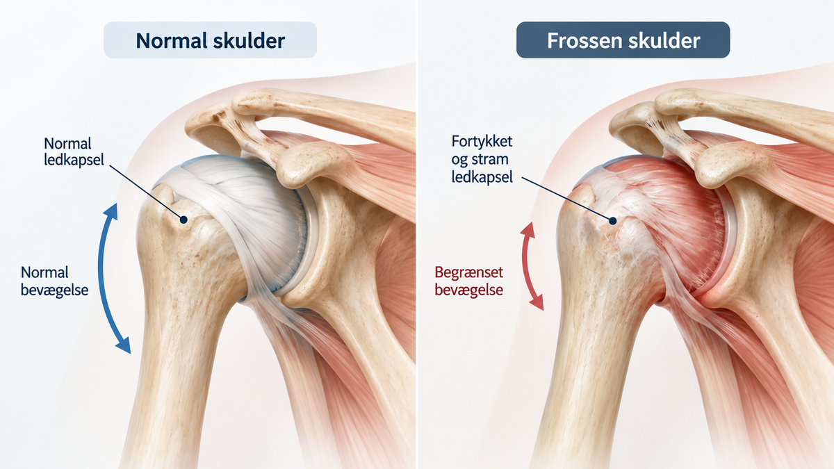 Infografik: skulderled med normal ledkapsel versus stram ledkapsel